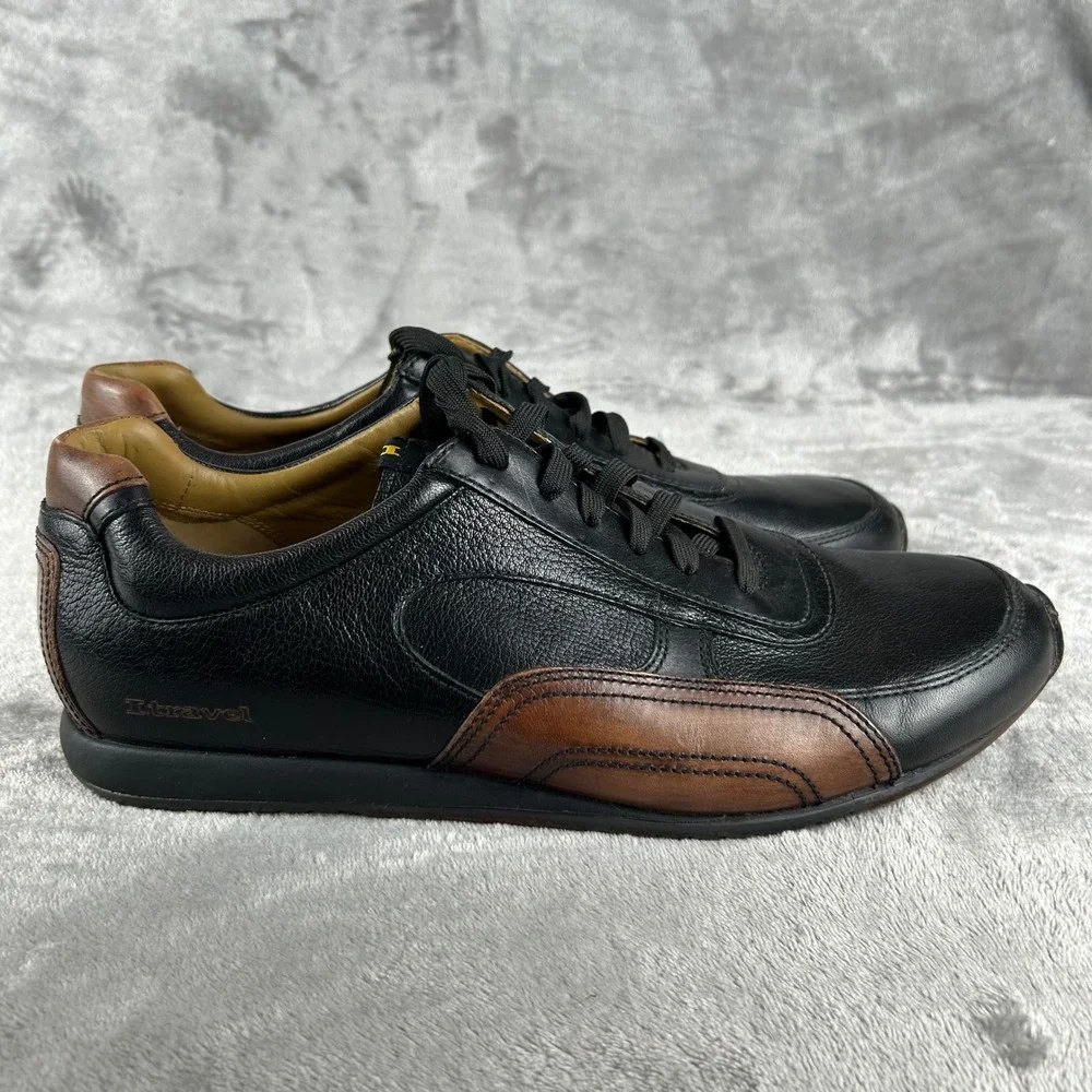 I.Travel Black Brown Leather Sneakers Mens 44EU Low Top Lace Up APM4301B